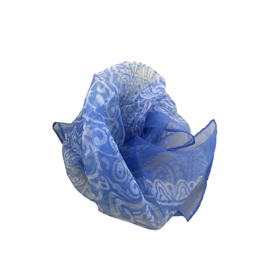 Blue Sheer Square Scarf With Paisley Bandana Design Lightweight 25x26 Inches